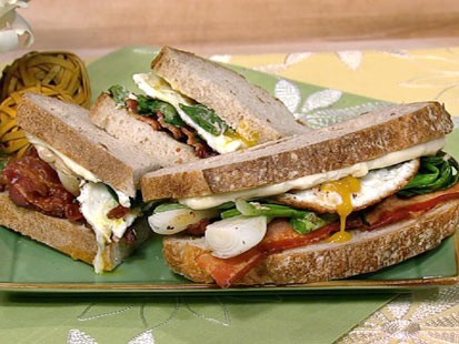 Michael Symon's bacon egg spring onion sandwich is shown here.