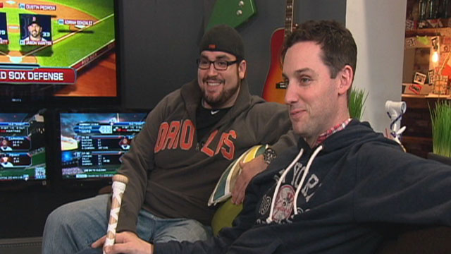PHOTO: Mike O?Hara and Ryan Wagner get paid to sit in front of televisions and watch every minute of every Major League Baseball game this season.