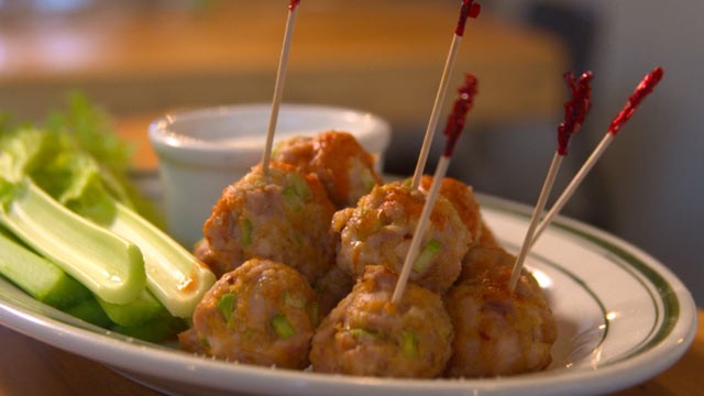 PHOTO: Daniel Holzman of The Meatball Shop shares his recipe for mini buffalo chicken balls with blue cheese dressing.
