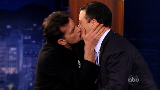 PHOTO Charlie Sheen made a surprise appearance on Jimmy Kimmel Live, March 21, 2001 where he planted a big kiss on host Jimmy Kimmel.