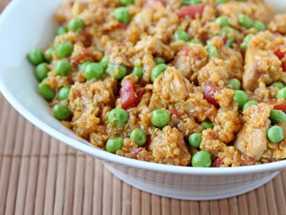 Erin Chase's curried quinoa with chicken and peas is shown here.