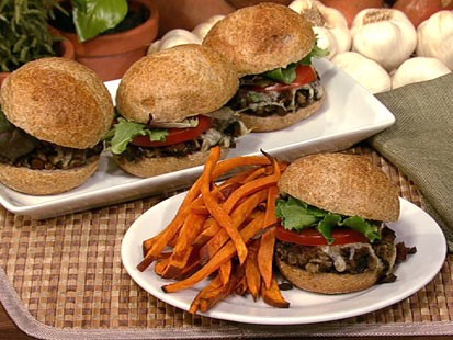 PHOTO: Daphne Ozs mushroom sliders with sweet potato oven fries are shown here.
