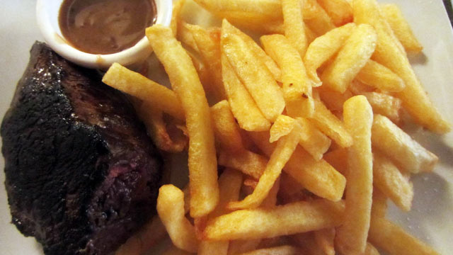 PHOTO: Entrecote steak is shown here, served here saignant, or rare.