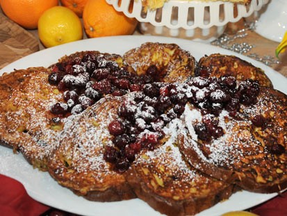 PHOTO: Mario Batalis panettone french toast with cranberry maple syrup is shown here.