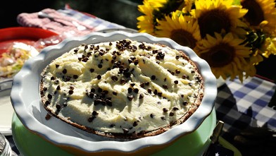 PHOTO: Cream pie with chocolate chips on top.