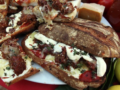 PHOTO: Emerils pizza sandwich with sausage is shown here.