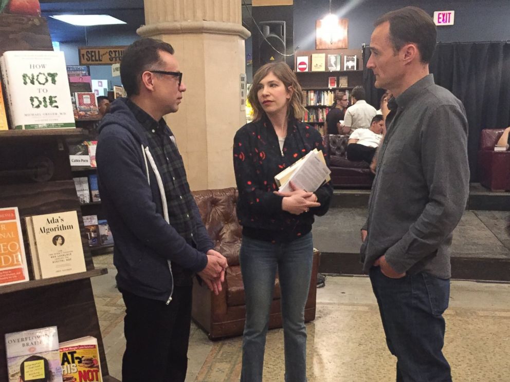 Fred Armisen (left) and Carrie Brownstein (center) talk with ABC News Nick Watt (right) during an interview for Nightline.