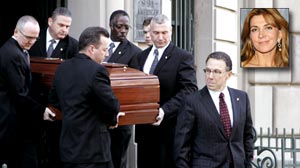 PHOTO Pallbearers carry the casket of actress Natasha Richardson, shown in this inset file photo, from the American Irish Historical Society in New York on Saturday, March 21, 2009.