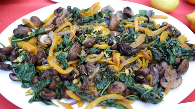 PHOTO: Mario Batali's sauteed spinach with cremini and pepper is shown here.