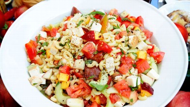 PHOTO: Ted Allen's summer pasta salad with peaches and tomatoes is shown here.