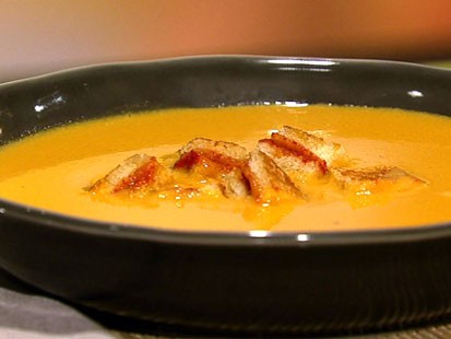 Carla Hall's tomato soup with grilled cheese croutons is shown here.