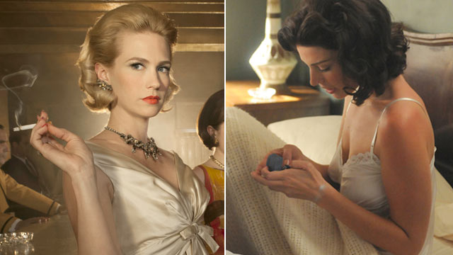 PHOTO: Betty Draper, played by January Jones and Megan played by Jessica Pare are seen here in the AMC TV show Mad Men.