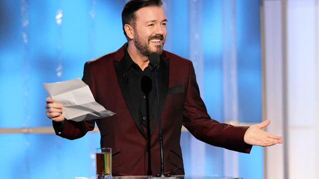 PHOTO: Ricky Gervais (l), and Jodie Foster, are seen during the 69th Annual Golden Globe Awards, Jan. 15, 2012, in Los Angeles, Calif.
