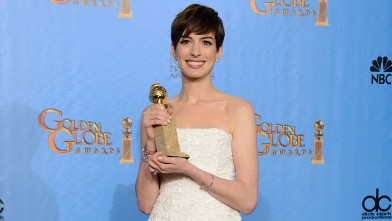 PHOTO: Anne Hathaway poses with the award for best performance by an actress in a supporting role in a motion picture in "Les Miserables" backstage at the 70th Annual Golden Globe Awards, Jan. 13, 2013, in Beverly Hills, Calif.