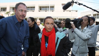 PHOTO: U.S. actress Hayden Panettiere, center, and Jeff Pantukhoff, anti-whaling activist from the U.S., left, arrive at the town hall to meet with the mayor,  in Taiji, Wakayama prefecture, west of Japan.