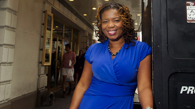PHOTO: Playwright Katori Hall poses for a portrait in front of the Bernard B. Jacobs Theatre in New York, Sept. 21, 2011.
