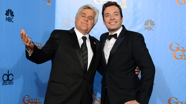 PHOTO: This Jan. 13, 2013 file photo shows Jay Leno, host of "The Tonight Show with Jay Leno," left, and Jimmy Fallon, host of "Late Night with Jimmy Fallon" backstage at the 70th Annual Golden Globe Awards in Beverly Hills, Calif.