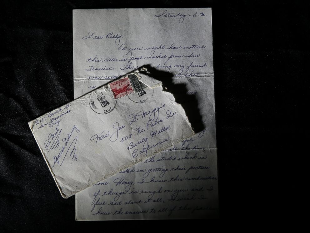 PHOTO: This Nov. 7, 2014 photo shows part of a three-page handwritten letter and original envelope postmarked Oct. 9, 1954 from baseball legend Joe DiMaggio to Marilyn Monroe on display at Juliens Auctions in Beverly Hills, Calif. 