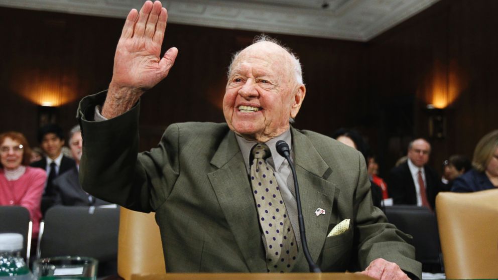 PHOTO: In this March 2, 2011, file photo, entertainer Mickey Rooney waves on Capitol Hill in Washington, prior to testifying about elder abuse before the Senate Aging Committee. Rooney, a Hollywood legend whose career spanned more than 80 years, has died.