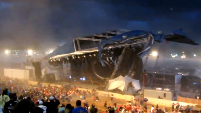 PHOTO: In this, Aug. 13, 2011 frame grab from video provided by Jessica Silas, a stage collapses at the Indiana State Fair, killing five and injuring dozens of fans waiting for the country band Sugarland to perform, in Indianapolis.
