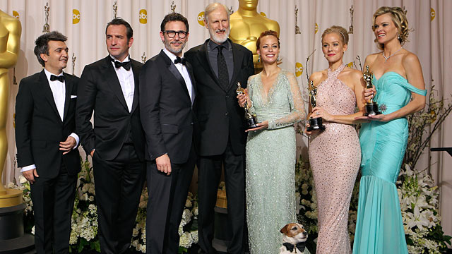 PHOTO: From left to right; Producer Thomas Langmann, Jean Dujardin, director Michel Hazanavicius, James Cromwell, and actresses Missi Pyl, Penelope Ann Miller, Bérénice Bejo.