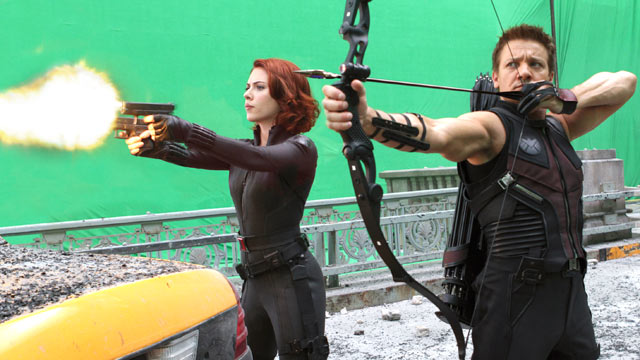PHOTO: Scarlett Johansson and Jeremy Renner are shown during the filming of Marvels "The Avengers."