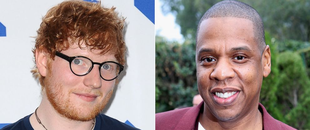 PHOTO: Ed Sheeran poses at the 2017 MTV Video Music Awards Aug. 27, 2017 in Inglewood, Calif. and Jay-Z attend a Pre-Grammy Brunch Feb. 11, 2017 in Los Angeles.