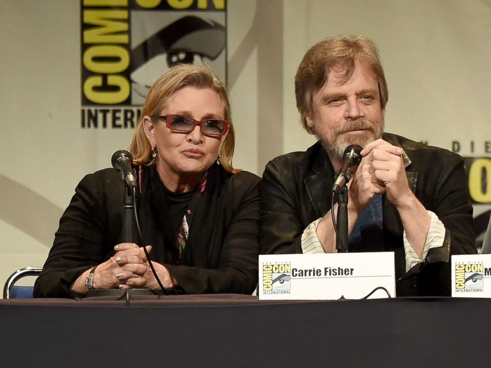 PHOTO: Carrie Fisher and Mark Hamill speak onstage at the Lucasfilm panel during Comic-Con International 2015 at the San Diego Convention Center, July 10, 2015, in San Diego, Calif.