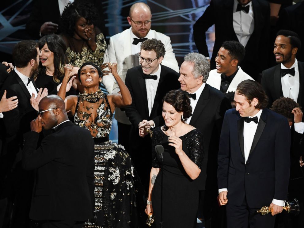 PHOTO: Producer Adele Romanski, writer/director Barry Jenkins, producer Jeremy Kleiner and cast and crew members accept Best Picture for Moonlight during the 89th Annual Academy Awards, Feb. 26, 2017 in Hollywood, Calif.