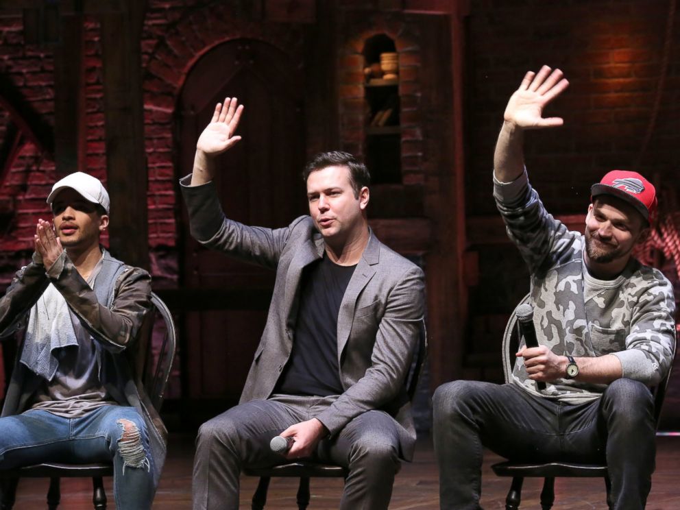 PHOTO: Jordan Fisher, Taran Killam and Neil Haskell greet students during a cast Q & A before a High School student matinee performance of Hamilton at the Richard Rodgers Theatre, Feb. 8, 2017, in New York.