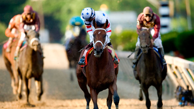 PHOTO: Jockey Kent Desormeaux, riding Big Brown won the Preakness Stakes, giving the colt the first two events in thoroughbred racing's Triple Crown.