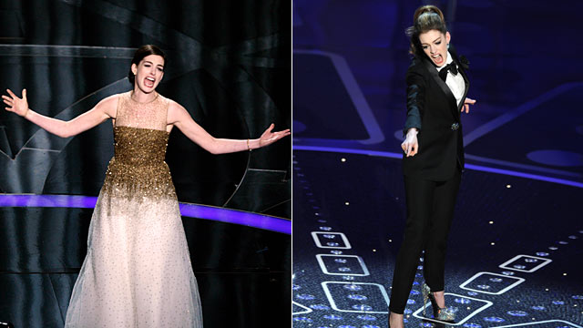 PHOTO: Anne Hathaway perform during the 81st Annual Academy Awards, Feb. 22, 2009, left, and Hathaway performing at the 83rd Annual Academy Awards, Feb. 27, 2011.