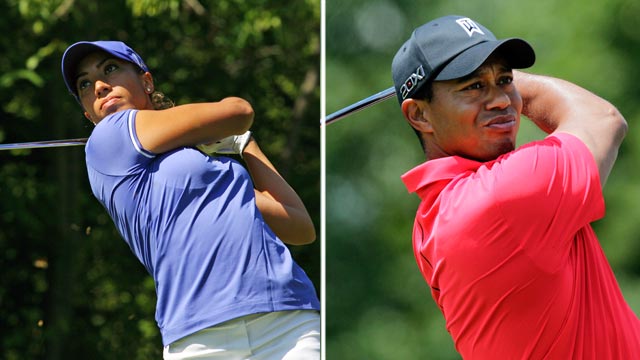 PHOTO: Cheyenne Woods, left, hits her tee shot at Locust Hill Country Club on June 7, 2012 in Pittsford, New York. Tiger Woods tees off on the first hole during the final round of the Memorial golf tournament on June 3, 2012 in Dublin, Ohio.