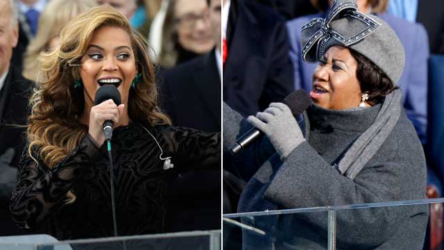 PHOTO: Beyonce sings the National Anthem at the inauguration, Jan. 21, 2013. ; Singer Aretha Franklin performs during the inauguration ceremony for President Obama at the U.S. Capitol in Washington, D.C., Jan. 20, 2009.