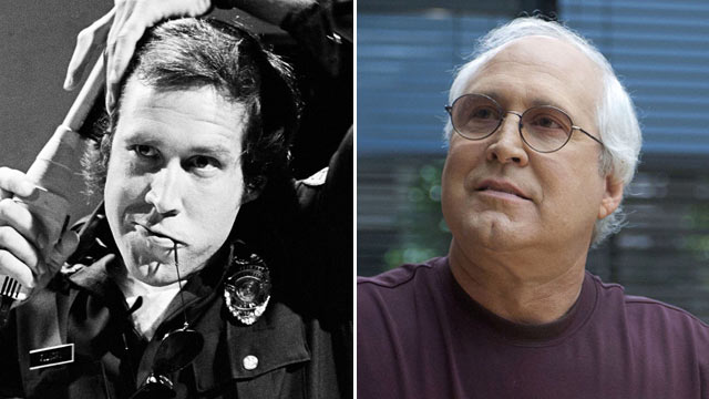PHOTO: Chevy Chase as Aramis McCord during the "Police State" skit on July 31, 1976. | Chase in 2012 as Pierce, in NBC's "Community."