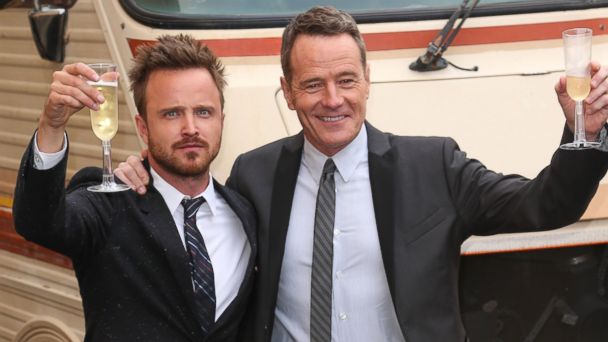 PHOTO: Actors Aaron Paul (L) and Bryan Cranston arrive as AMC Celebrates the final episodes of Breaking Bad at Sony Pictures Studios on July 24, 2013 in Culver City, California. 