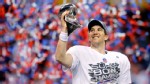PHOTO: Quarterback Eli Manning poses with the Vince Lombardi Trophy after the Giants defeated the Patriots by a score of 21-17 in Super Bowl XLVI at Lucas Oil Stadium, Feb. 5, 2012 in Indianapolis, Ind.