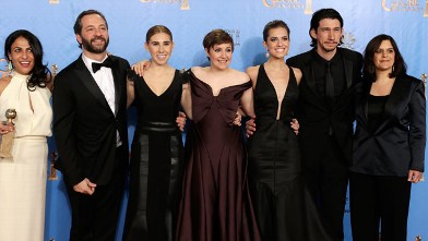 PHOTO: The cast of "Girls" pose in the press room at the 70th Annual Golden Globe Awards, Jan.13, 2013, in Beverly Hills, Calif.