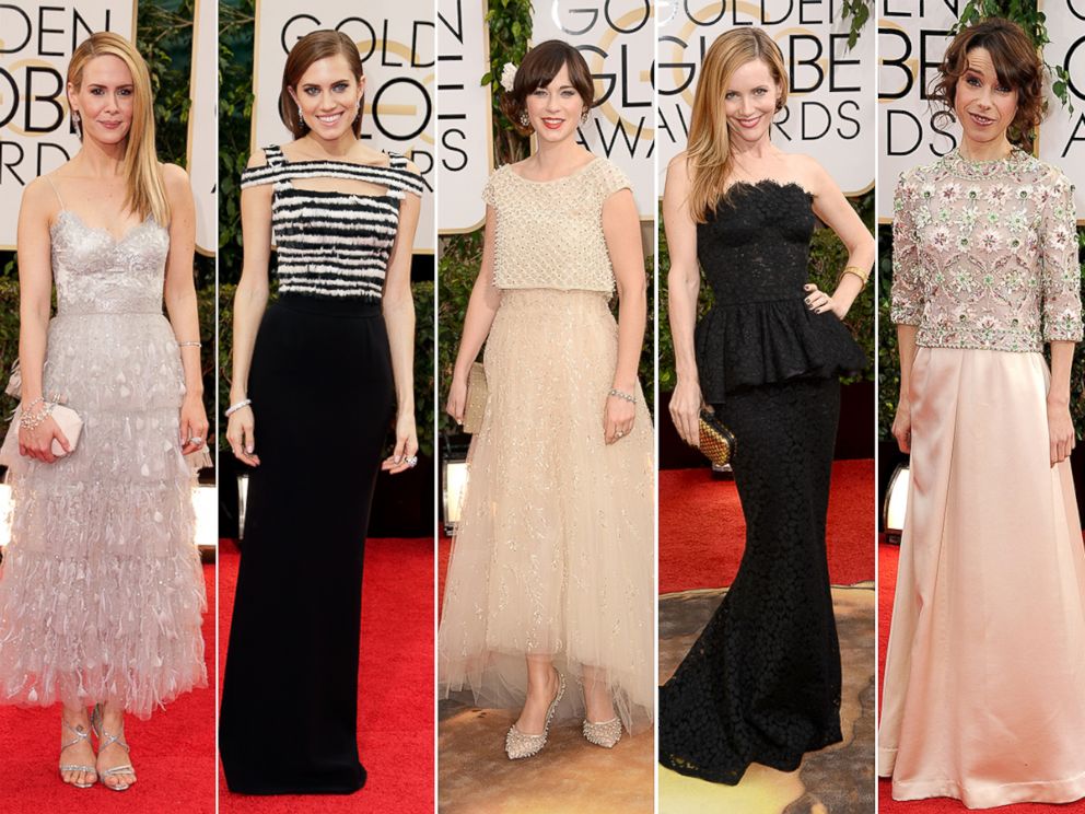 PHOTO: Actresses Sarah Paulson, Allison Williams, Zooey Deschanel, Leslie Mann and Sally Hawkins at the Golden Globes Awards on Jan. 12, 2014 in Los Angeles, Calif.