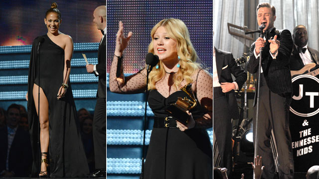 PHOTO: Singer/actress Jennifer Lopez speaks onstage, Kelly Clarkson accepts Best Pop Vocal Album award and Justin Timberlake performs at the 55th Annual GRAMMY Awards at Staples Center on Feb. 10, 2013, in Los Angeles.