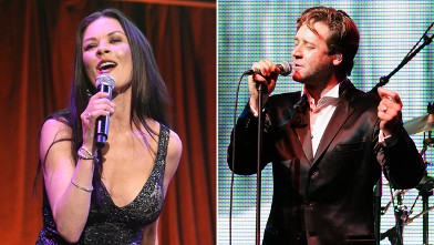 PHOTO: Catherine Zeta-Jones, left, performs when she attends the 2012 Windward School benefit at Cipriani 42nd Street on April 21, 2012 in New York City while actor Russell Crowe, right, sings with his new band The Ordinary Fear of God during  the L'Oreal