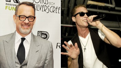 PHOTO: Tom Hanks, right, is seen at the after party for the 2012 Concert for the Rainforest Fund at The Pierre Hotel on April 3, 2012 while his son, Chester, left, is seen performing under his stage name "Chet Haze" on at Lolla Wknd at The Underground in 