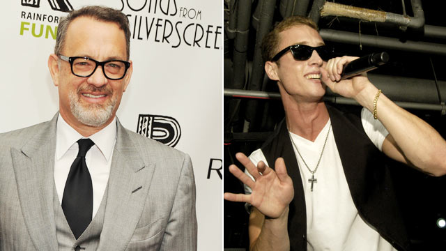 PHOTO: Tom Hanks, right, is seen at the after party for the 2012 Concert for the Rainforest Fund at The Pierre Hotel on April 3, 2012 while his son, Chester, left, is seen performing under his stage name "Chet Haze" on at Lolla Wknd at The Underground in 