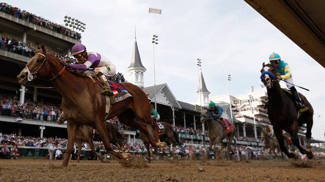 PHOTO: I'll Have Another, ridden by Mario Gutierrez, edges out Bodemeister, right, to win the 138th Kentucky Derby, Louisville Kentucky, May 5, 2012.