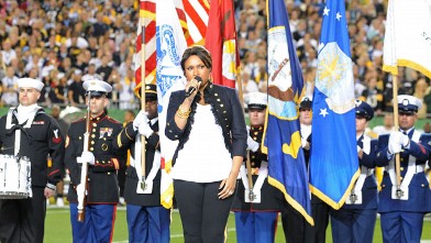 PHOTO:Singer Jennifer Hudson performs the national anthem during the pre-game show prior to the start of Super Bowl XLIII between the Arizona Cardinals and the Pittsburgh Steelers on February 1, 2009 at Raymond James Stadium in Tampa, Florida.