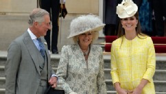 PHOTO: Prince Charles, left, Camilla, the Duchess of Cornwall and Catherine, the Duchess of Cambridge attend a Garden Party on the grounds of Buckingham Palace in London, May 22, 2013.