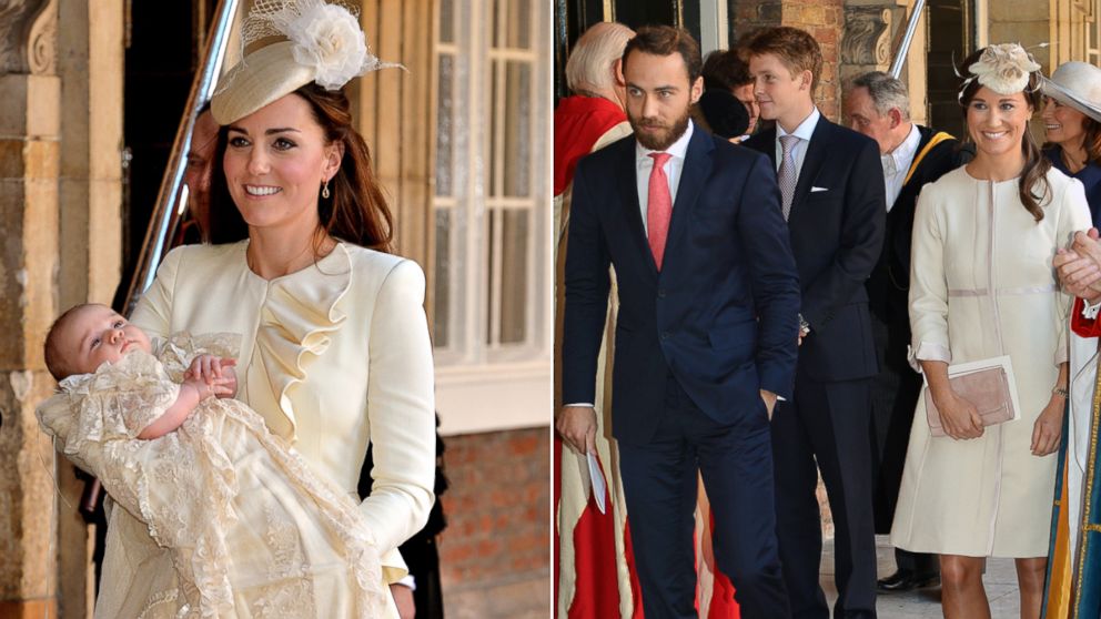 PHOTO: Kate, Duchess of Cambridge, holds her son Prince George following his christening at Chapel Royal in St. Jamess Palace, Oct. 23, 2013, in London, and James and Pippa Middleton are shown leaving the ceremony.