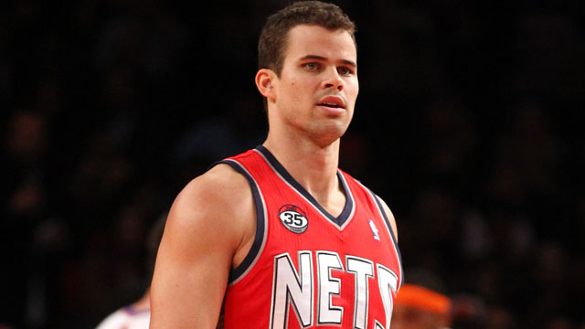 PHOTO: Kris Humphries, #43 of the New Jersey Nets, looks on against the New York Knicks during their pre-season game at Madison Square Garden on December 21, 2011 in New York City.