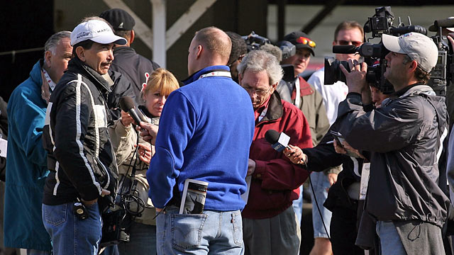 PHOTO: Louie Roussel III talks with the media during the morning training for the Kentucky Derby in this April 30, 2008 file photo at Churchill Downs.