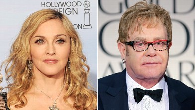 PHOTO: Singer Madonna poses in the press room, left, Elton John arrives at the 69th Annual Golden Globe Awards.